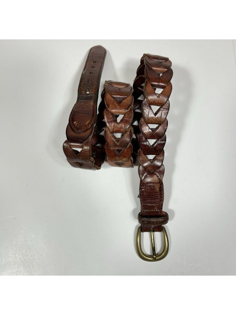 Vintage 1990’s Brighton Brown Braided Leather Belt 9120 Brass Buckle Women Sz 36